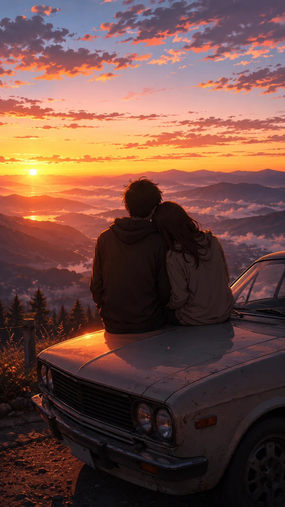 Car Hood Mountain Sunset Couple