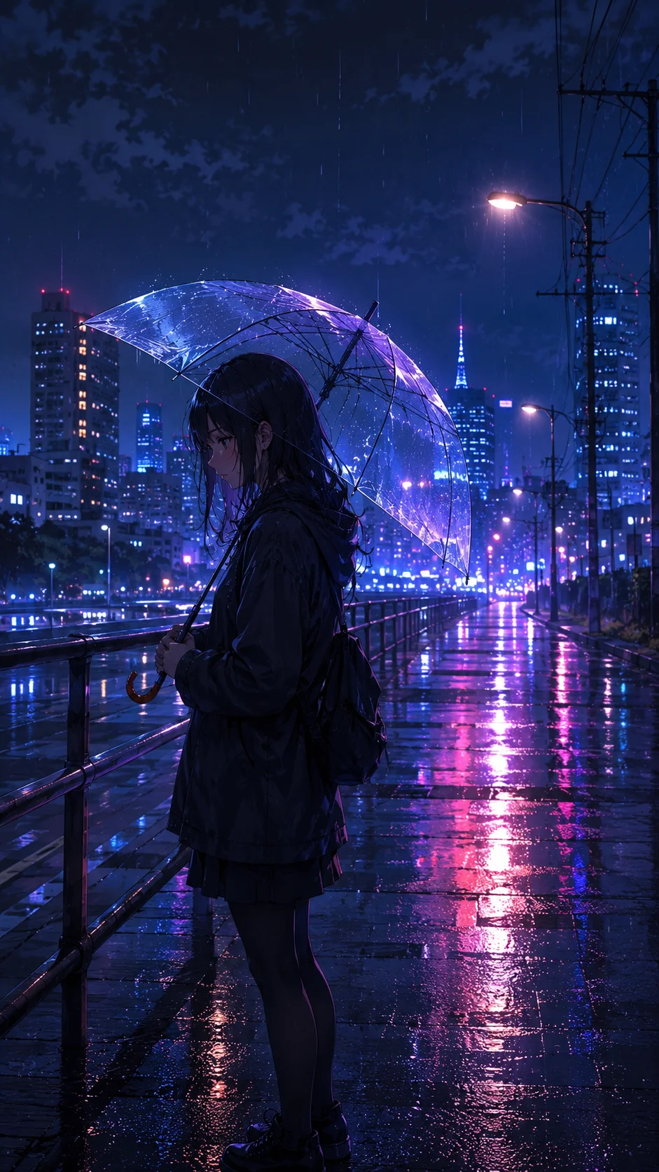 Neon Riverside Umbrella Girl