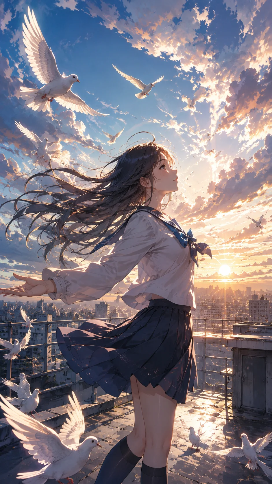 Rooftop Doves Sunrise Girl