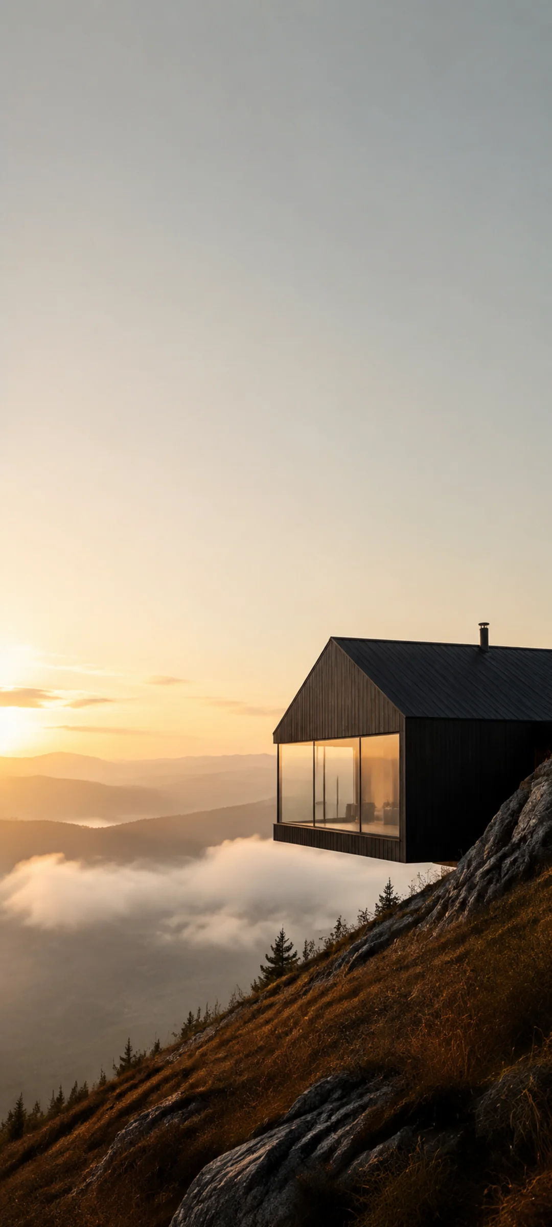Black Timber Cabin Sunrise Mist