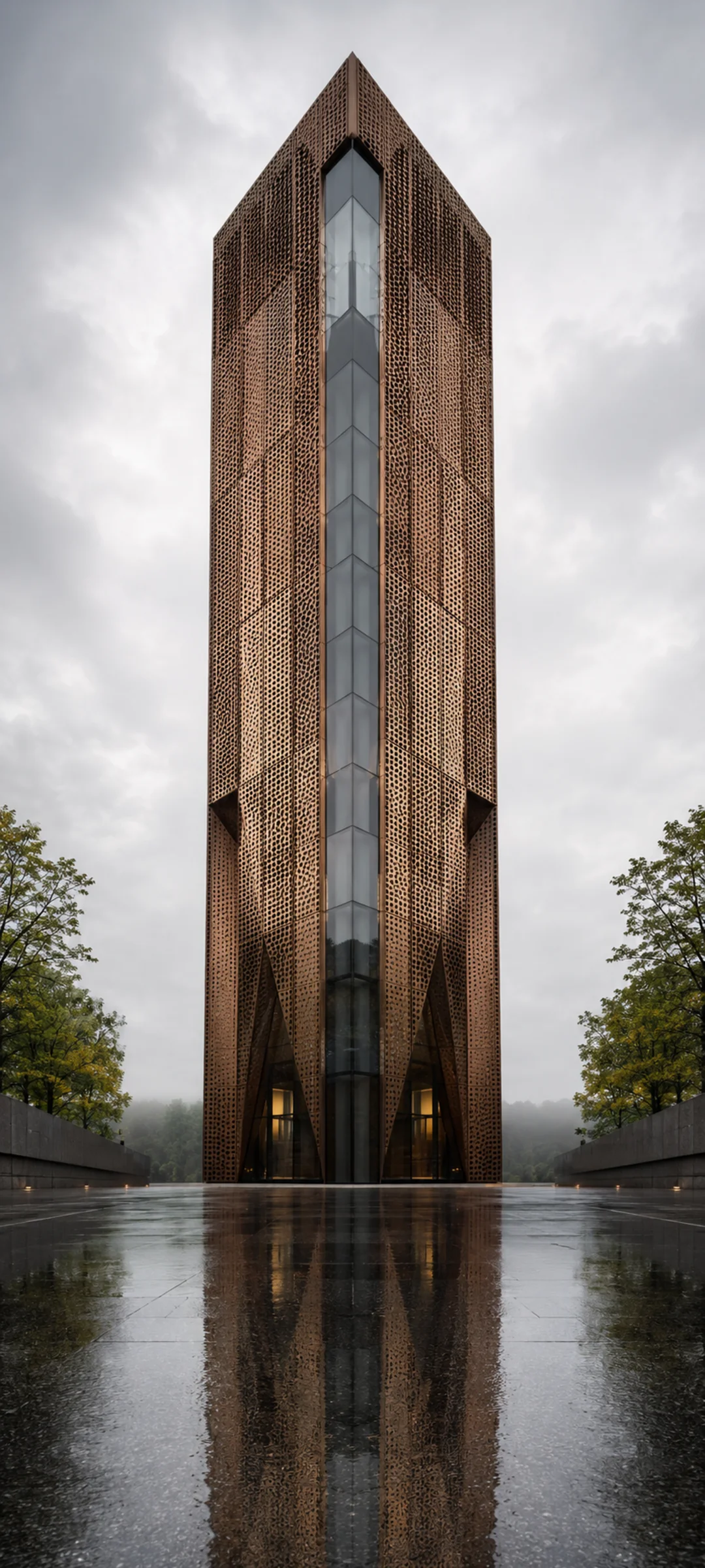 Rain Reflected Bronze Tower