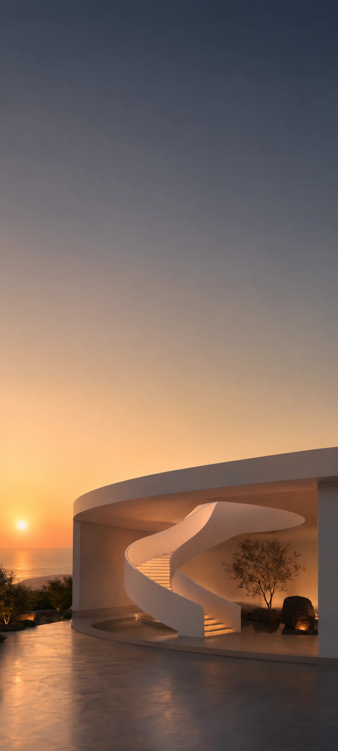 Sculptural White Spiral Staircase Dusk