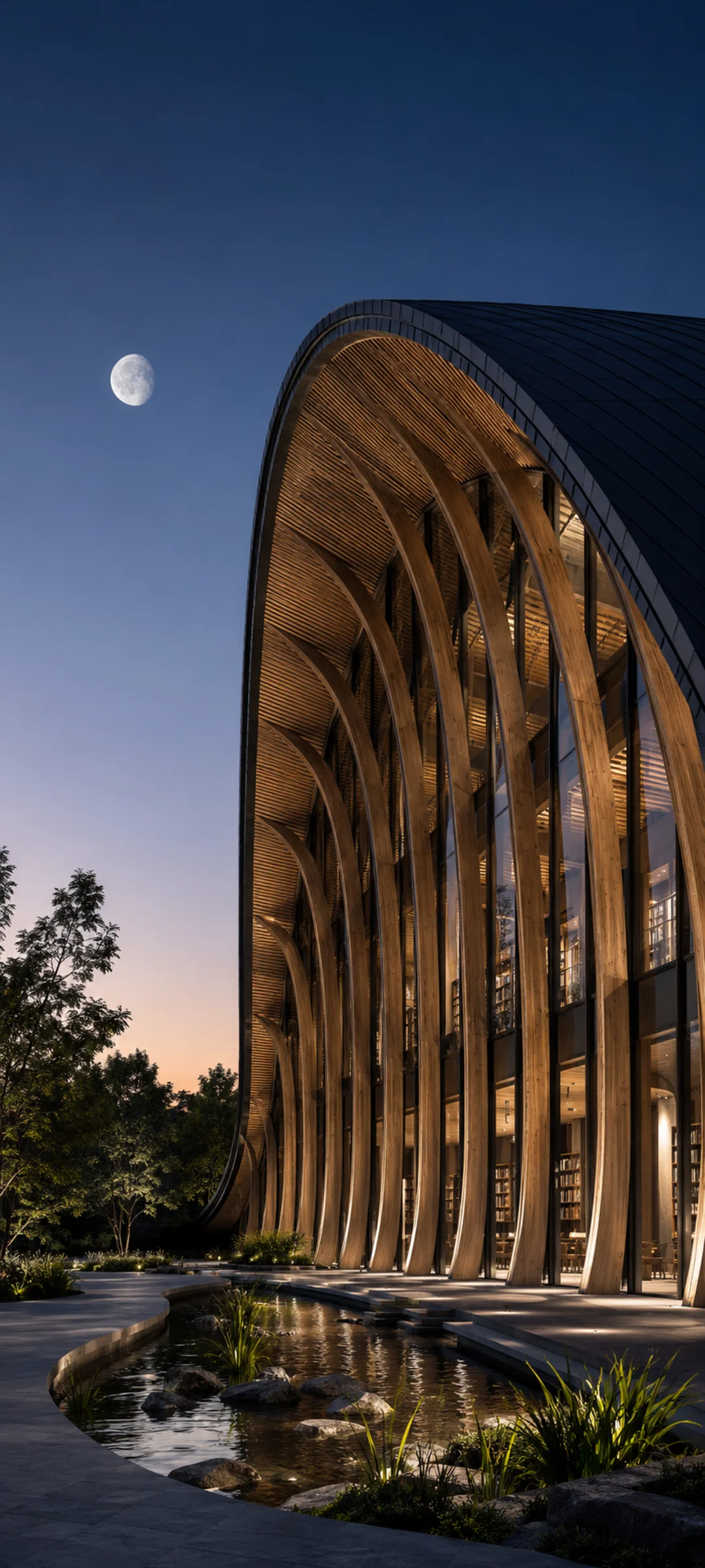 Vaulted Wood Library Dusk