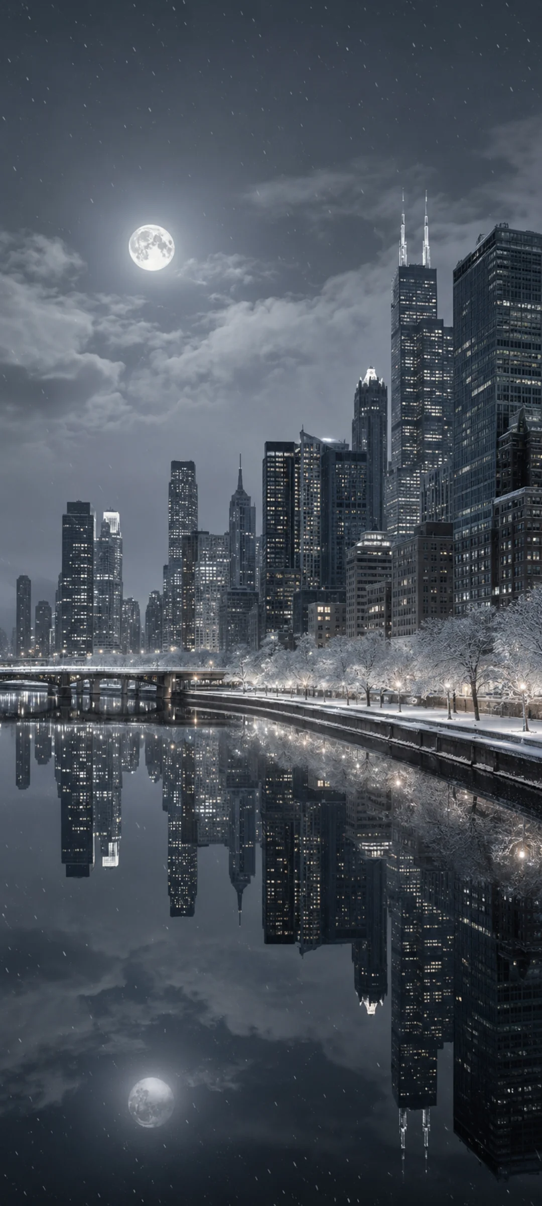 Chicago Winter Moonlit River Skyline