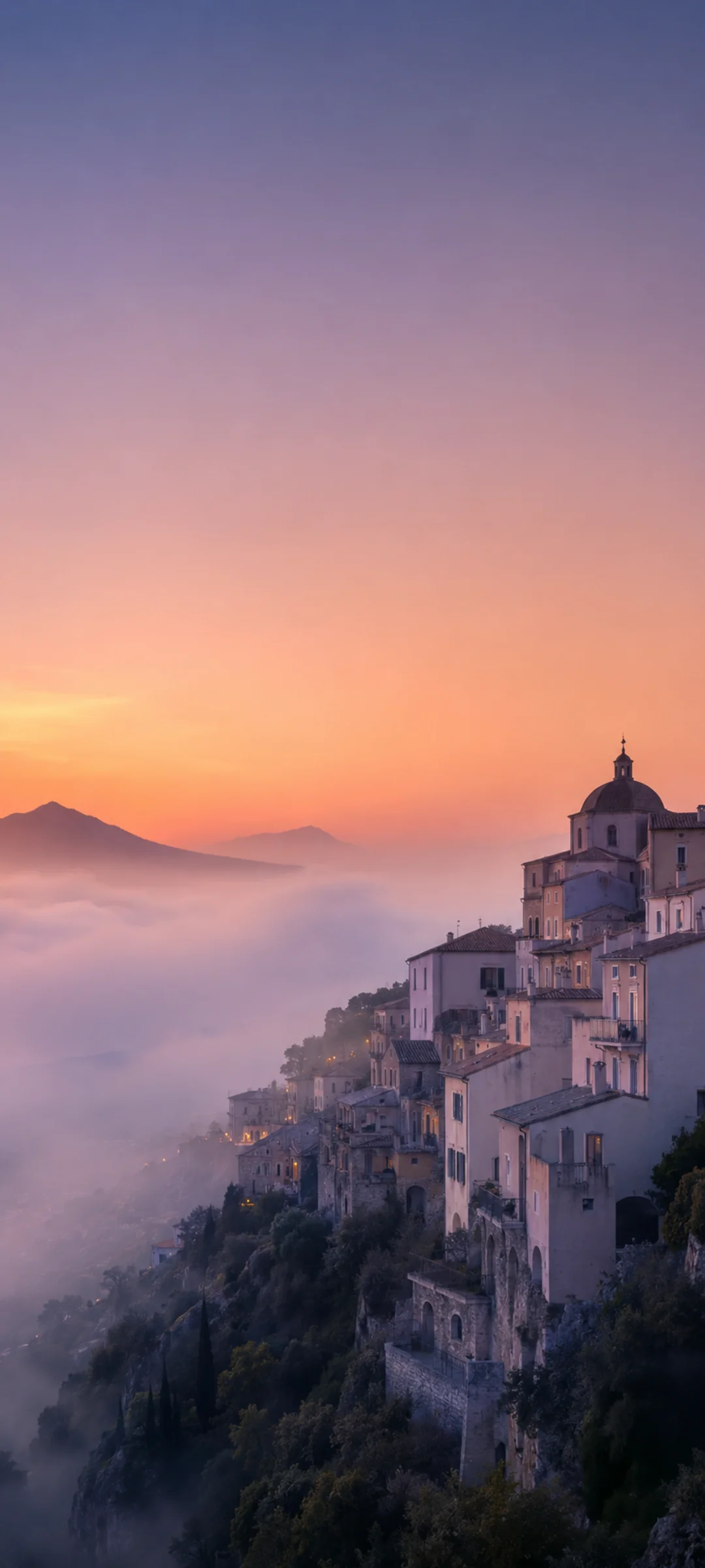 Foggy Twilight Hillside Town