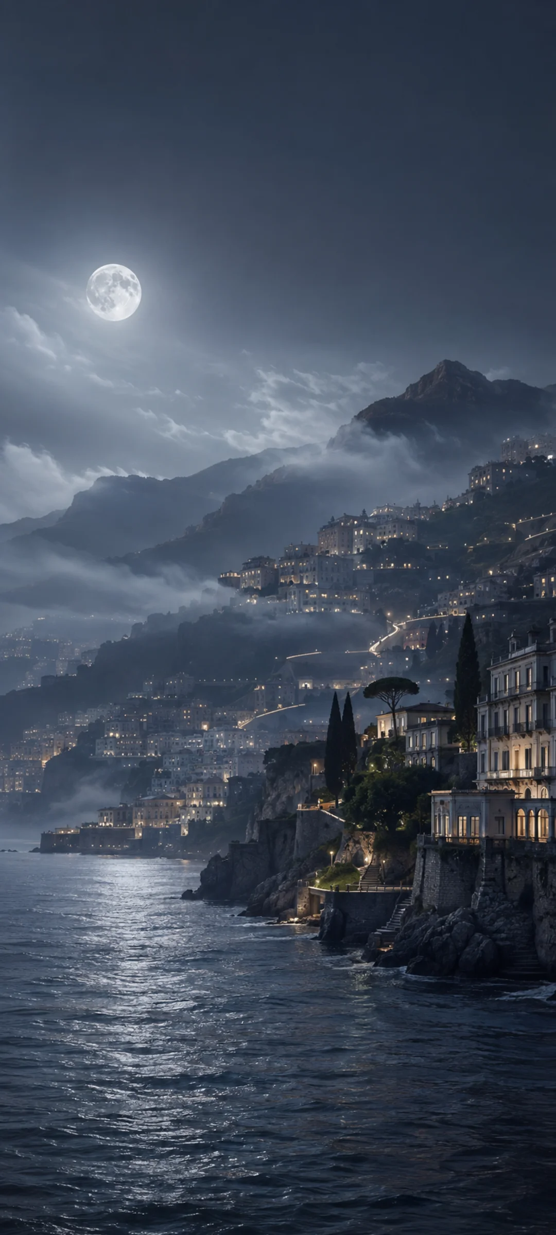 Moonlit Fog Coastal City