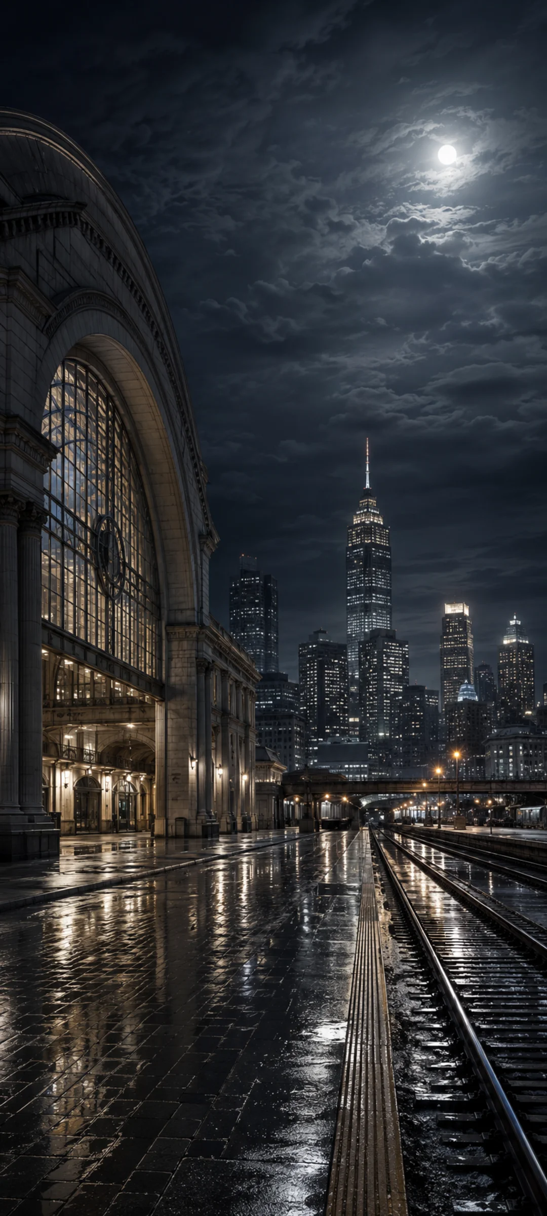 Rainy Moonlit Train Station