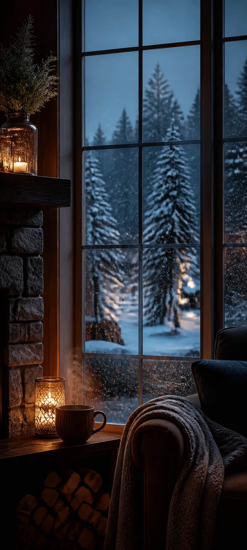Blue Hour Window Snowfall