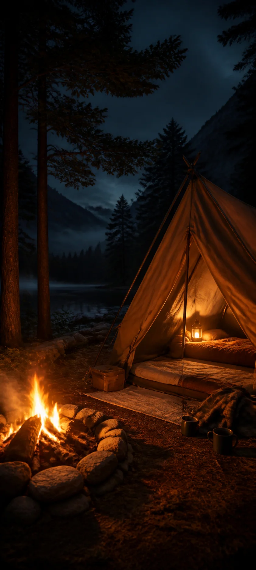 Cinematic Dawn Campfire Tent