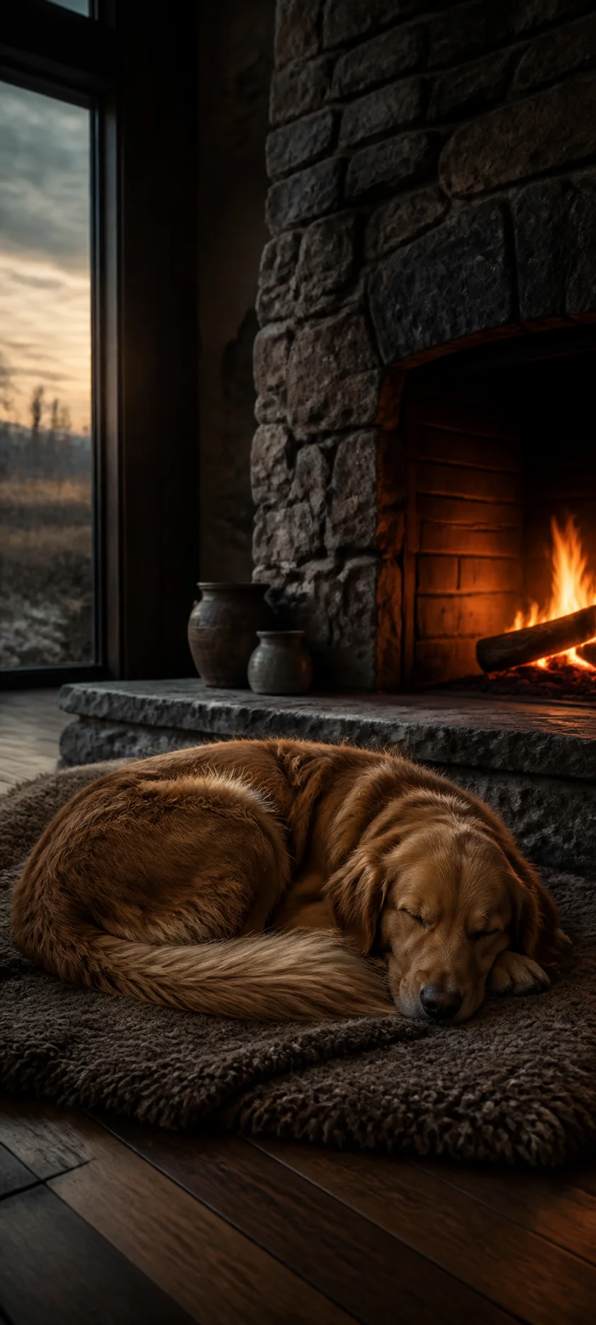 Cinematic Dawn Fireplace Dog