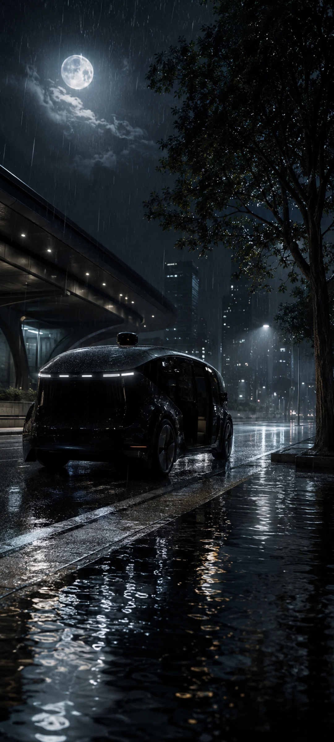Moonlit Flooded Autonomous Taxi