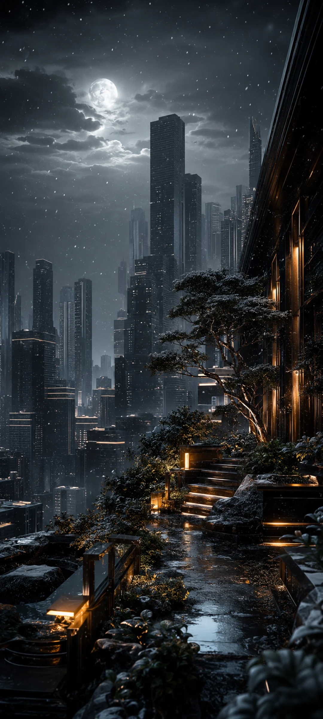 Snowfall Moonlit Garden