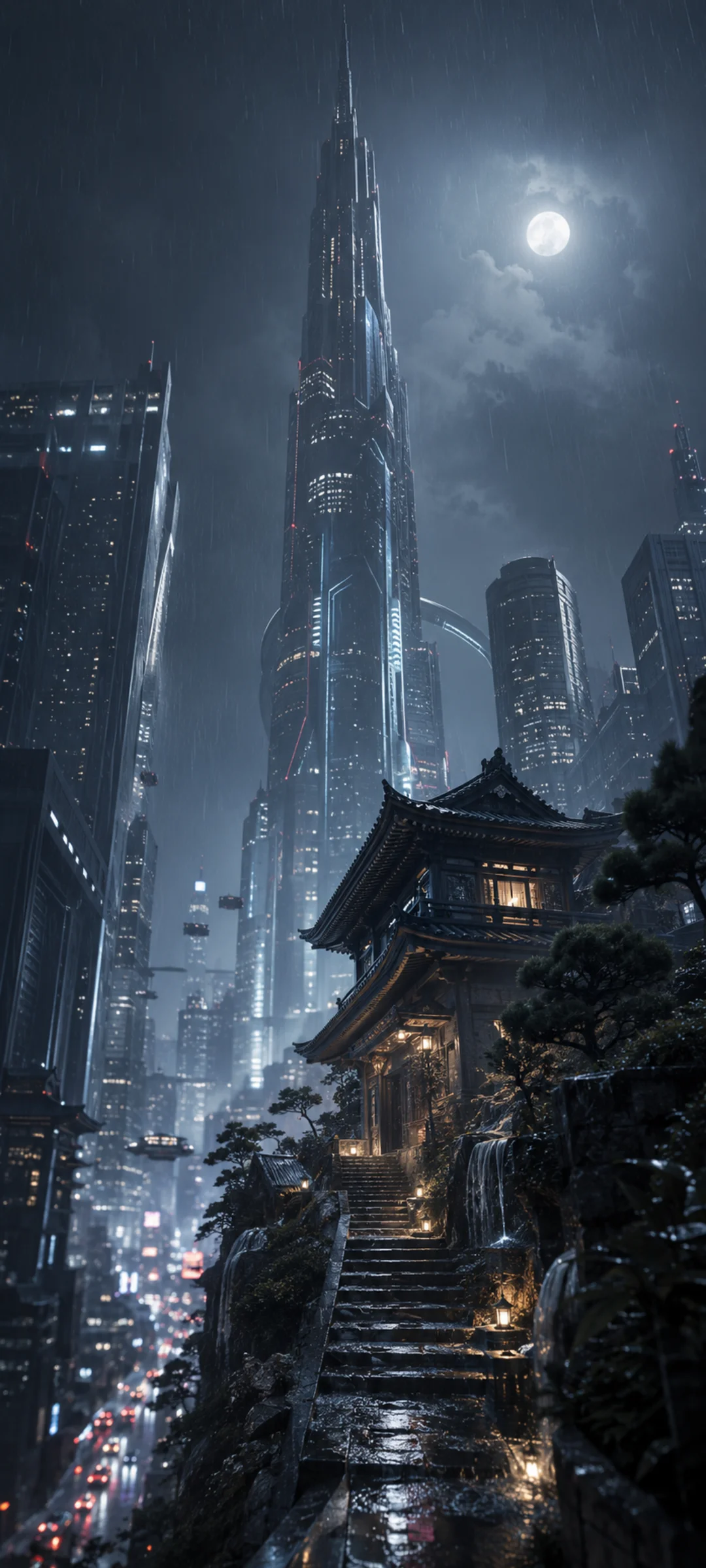 Temple Moonlit Traffic Bokeh