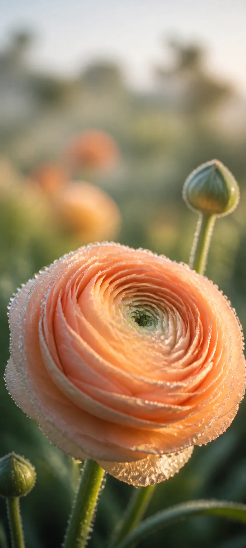 Dew Kissed Peach Ranunculus Macro