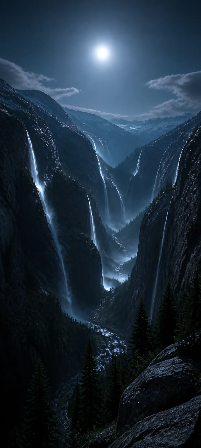 Moonlit Waterfall Valley