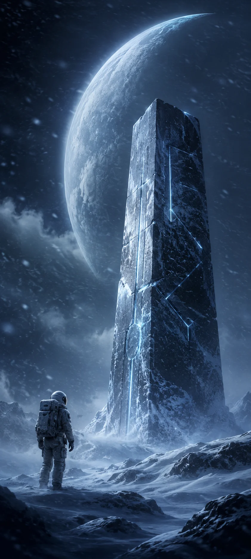 Astronaut before Ancient Monolith