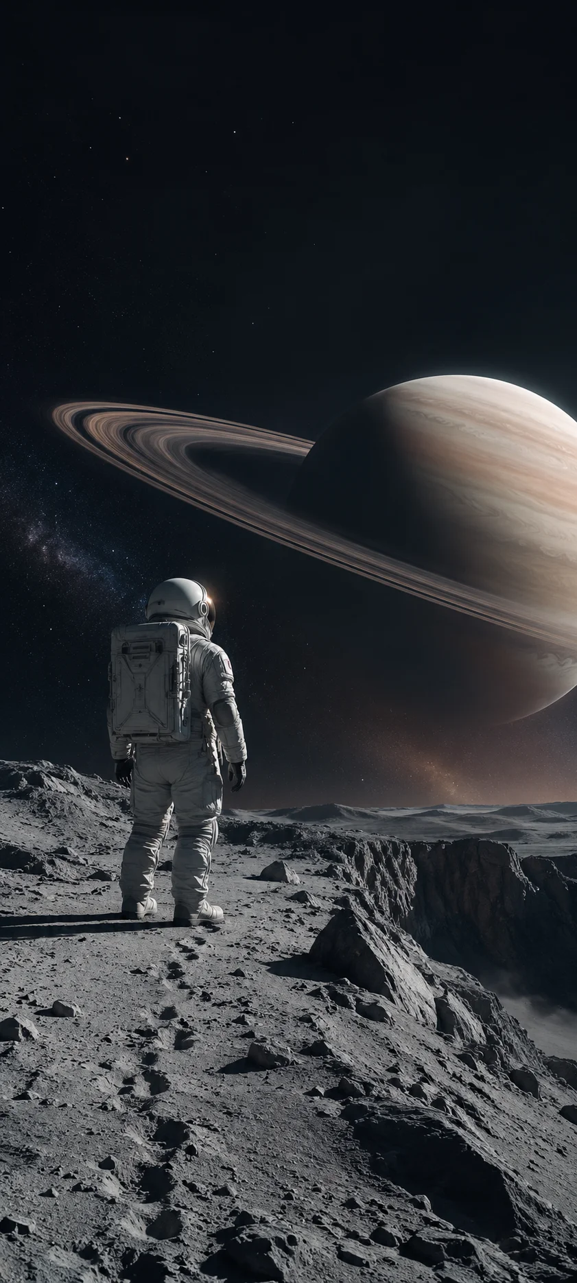 Astronaut on Moon Looking at Saturn