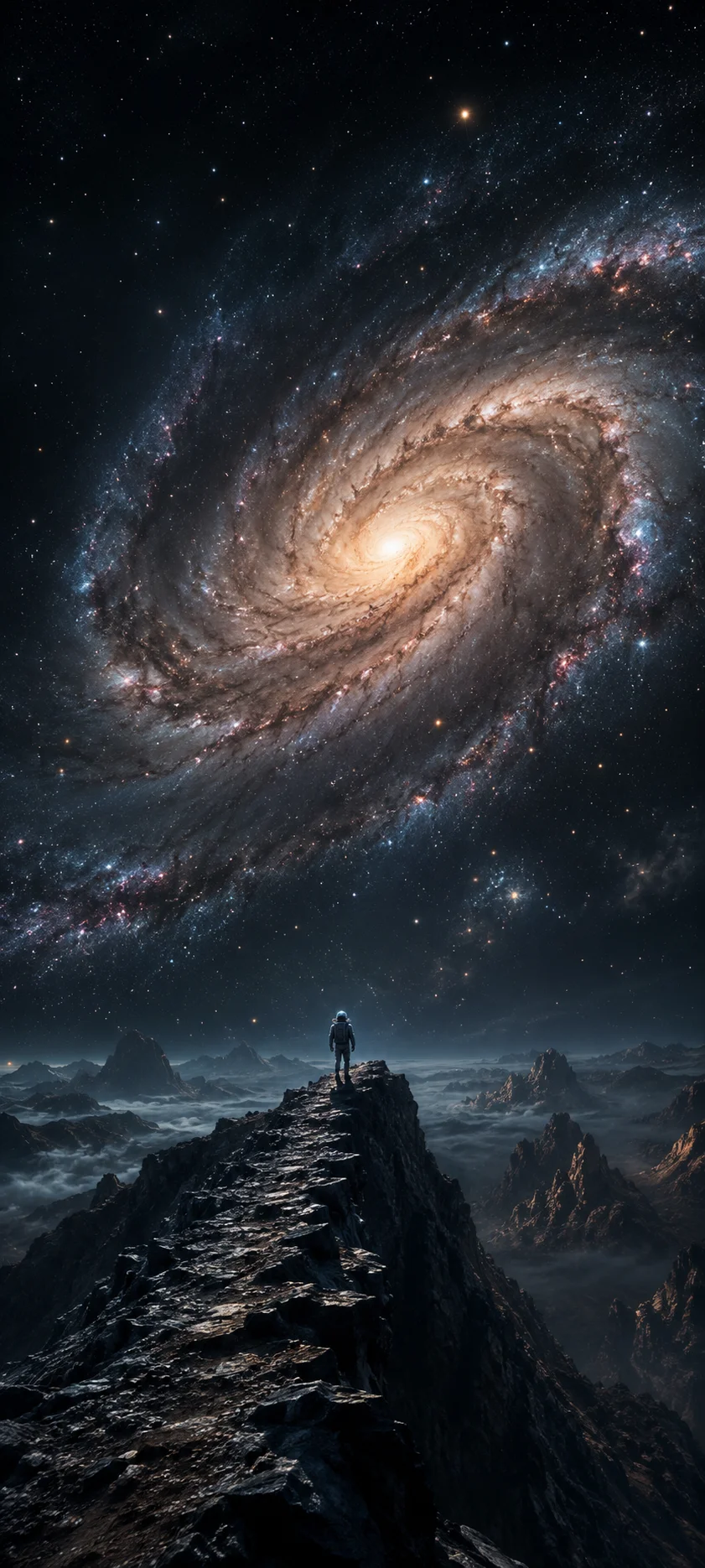 Astronaut on Ridge under Spiral Galaxy