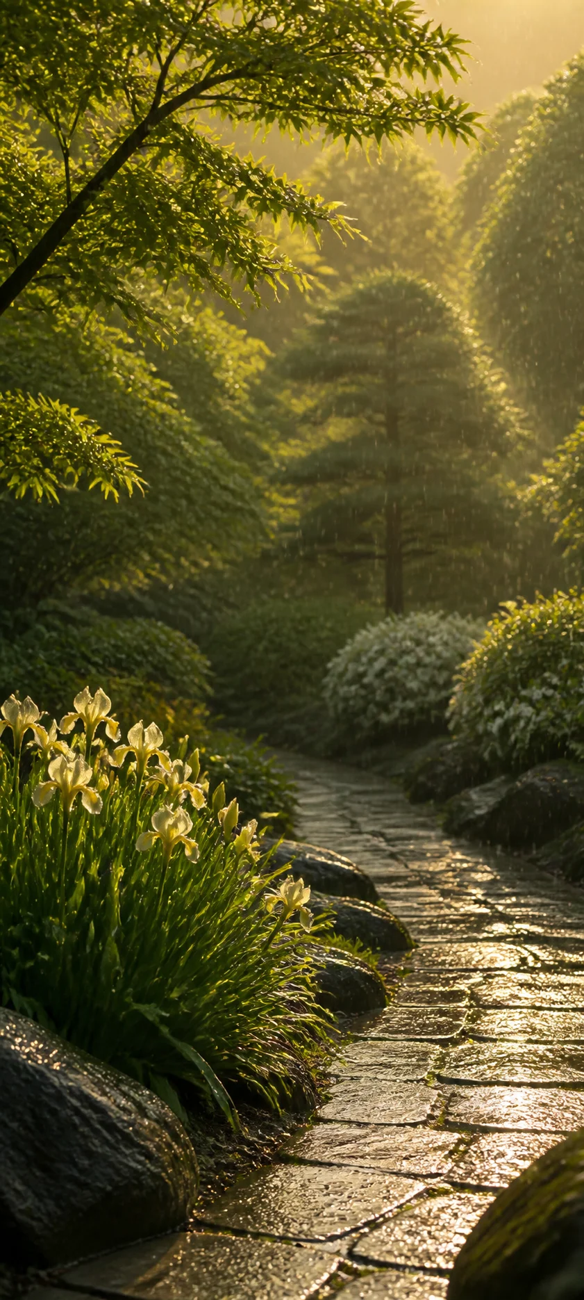 Cinematic Dawn Sunshower Garden