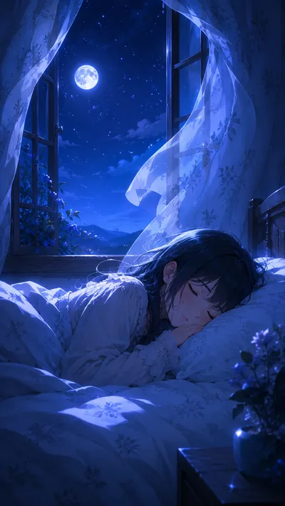 Moonlit Window Sleeping Girl
