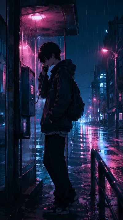 Neon Phone Booth Rain