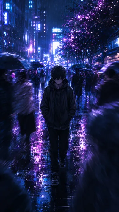 Neon Rain Crowd Alone