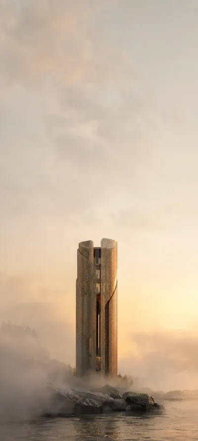 Fog Backlit Bronze Tower