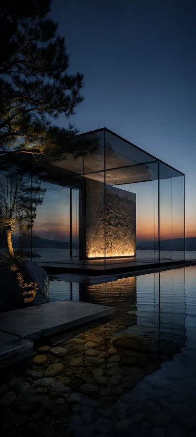 Glass Pavilion Dusk Reflective Water