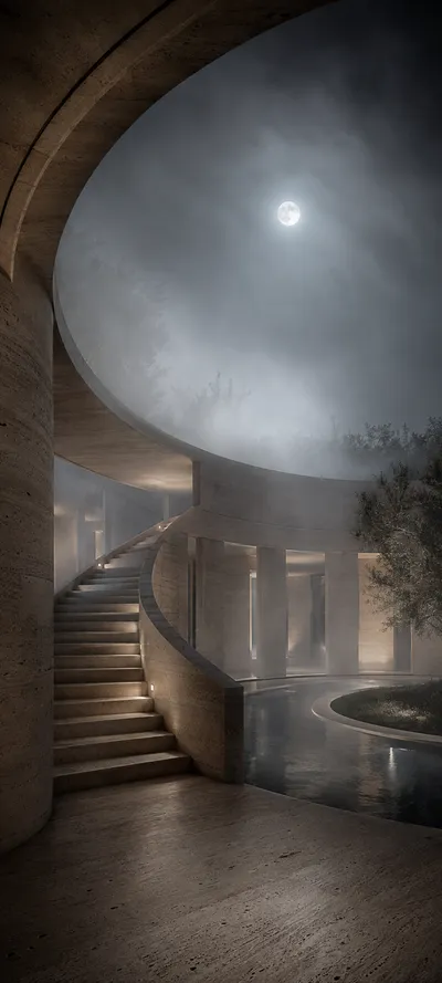 Moonlit Fog Travertine Courtyard
