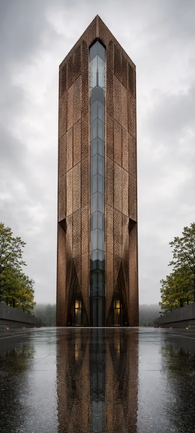 Rain Reflected Bronze Tower
