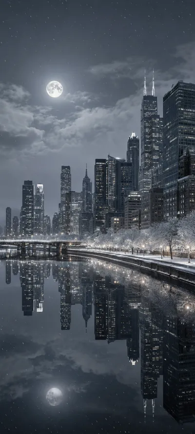 Chicago Winter Moonlit River Skyline