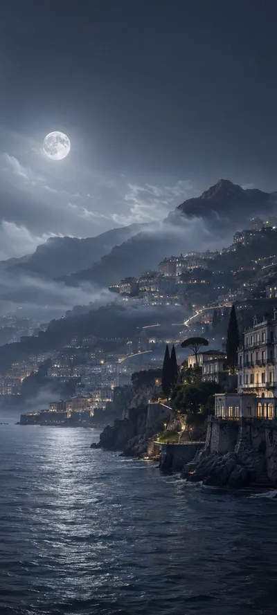 Moonlit Fog Coastal City