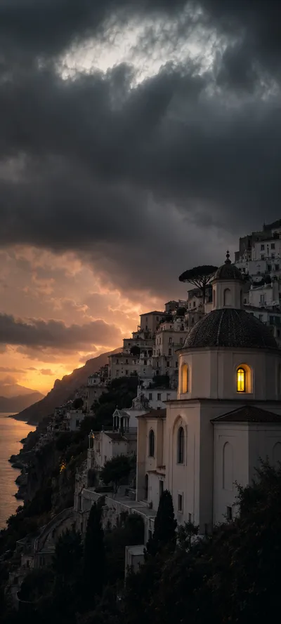 Stormlit Hillside Town