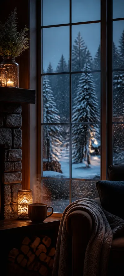 Blue Hour Window Snowfall