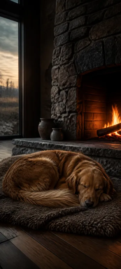 Cinematic Dawn Fireplace Dog