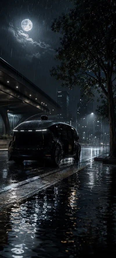 Moonlit Flooded Autonomous Taxi