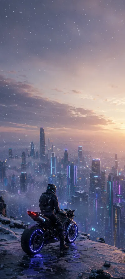 Motorcyclist Neon Snowfall