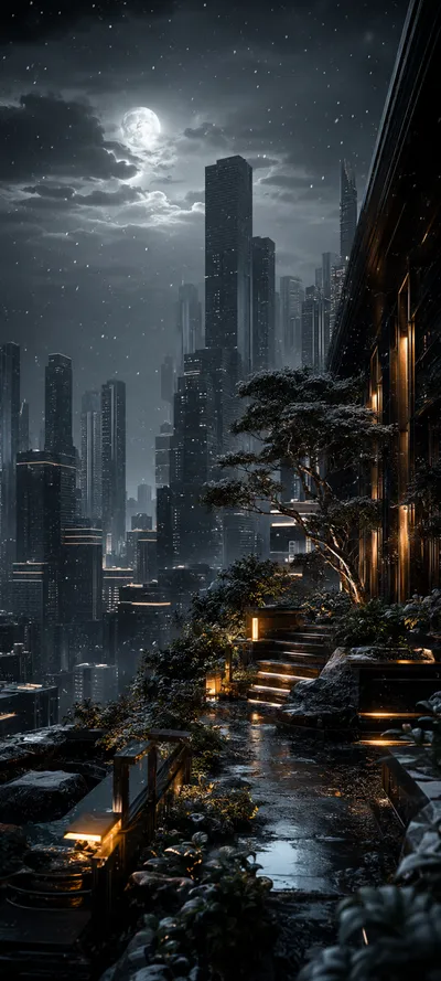 Snowfall Moonlit Garden