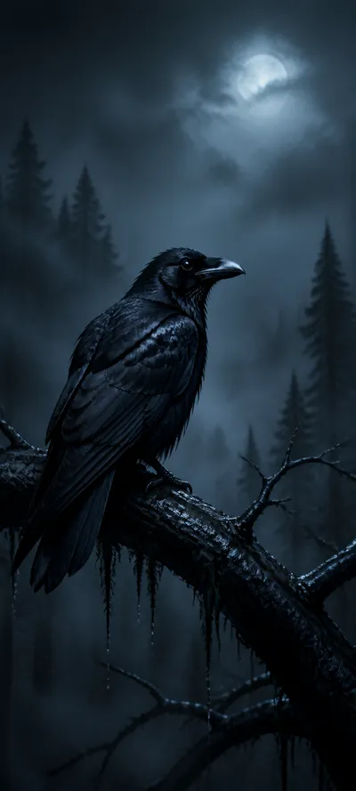 Moonlit Realm Raven In Fog