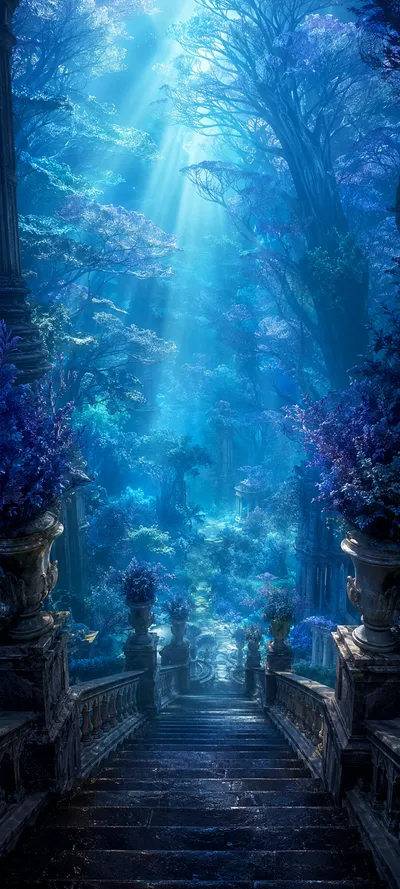 Luminous Blue Forest Staircase