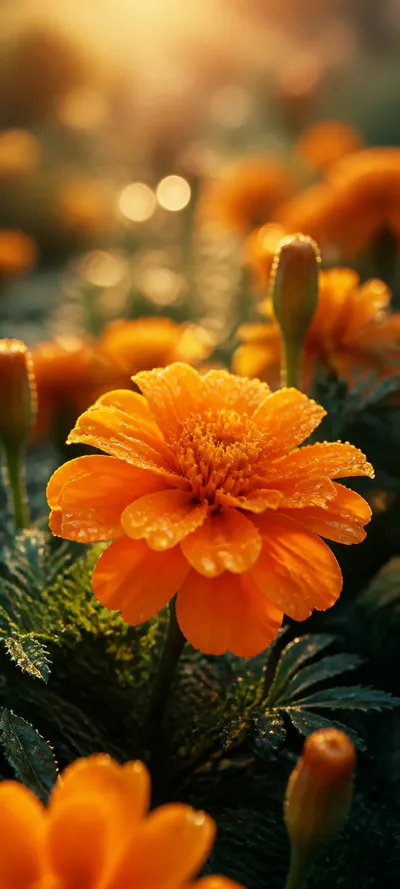 Dew Kissed Golden Marigold Macro