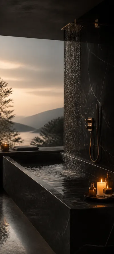 Cinematic Dawn Black Marble Bath