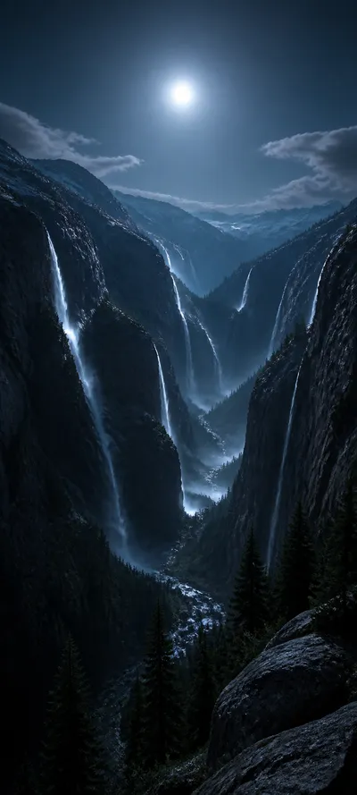 Moonlit Waterfall Valley