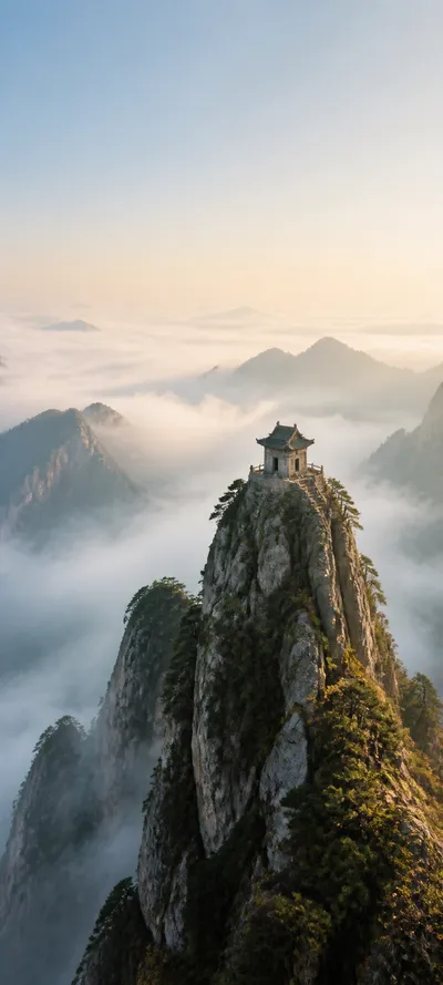 Mountaintop Temple In Fog
