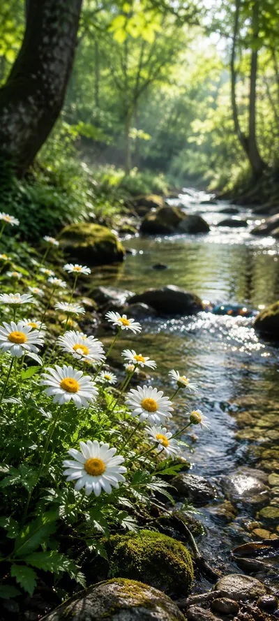 Daisies by Forest Stream