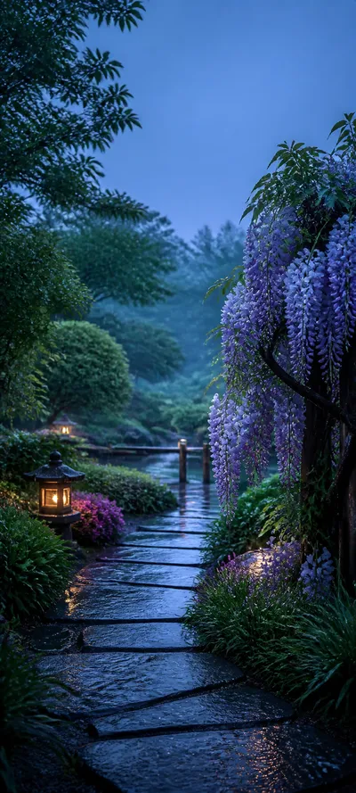 Blue Hour April Rain Garden