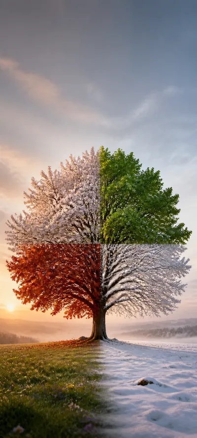 Cinematic Dawn Four Seasons Tree