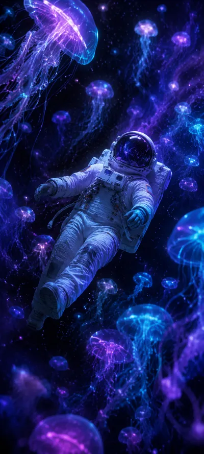Astronaut Floating with Cosmic Jellyfish