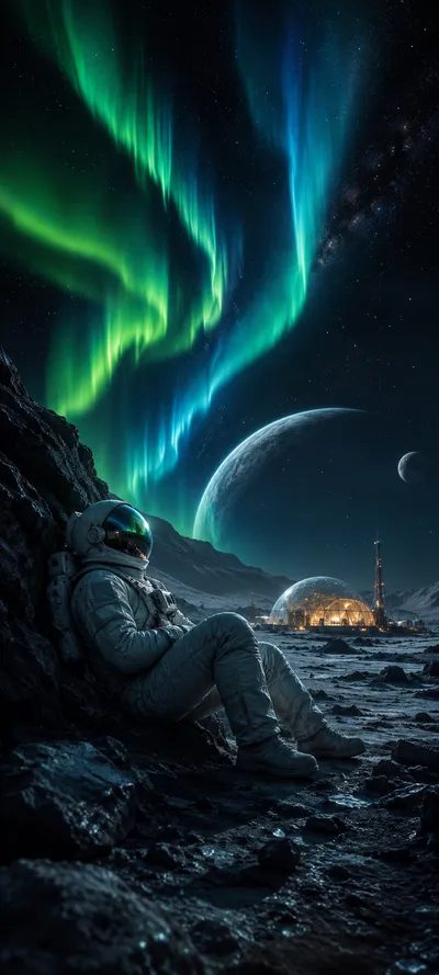 Moon Base Aurora Borealis Astronaut