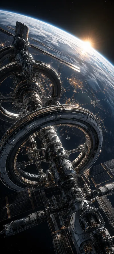 Orbital Space Station over Earth Sunrise